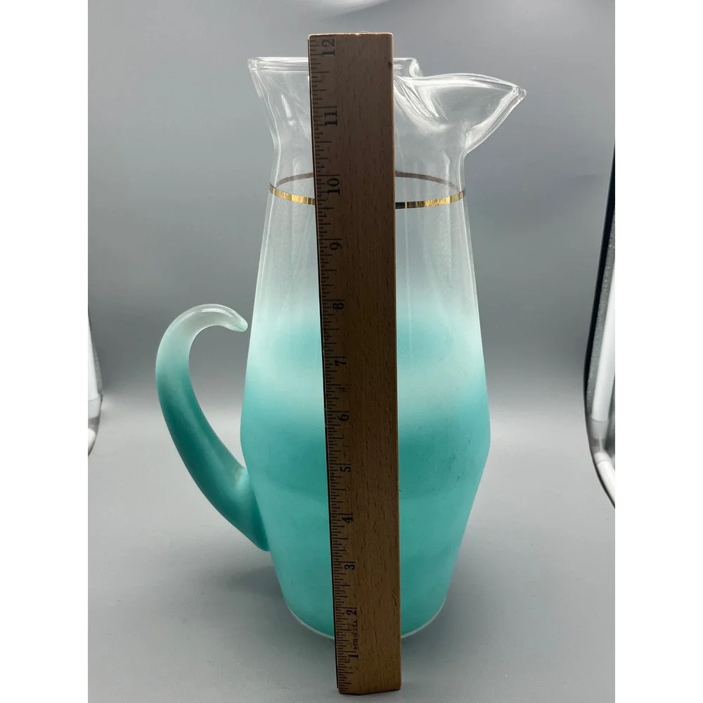 Vtg Blendo Glass Pitcher Frosted Turquoise MCM Vintage 1950 Gold Trim‎ W.V.